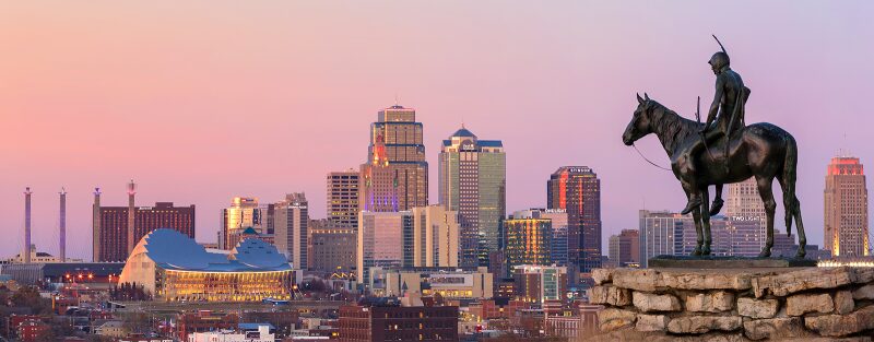 Scout statue Kansas City skyline Penn Valley Park