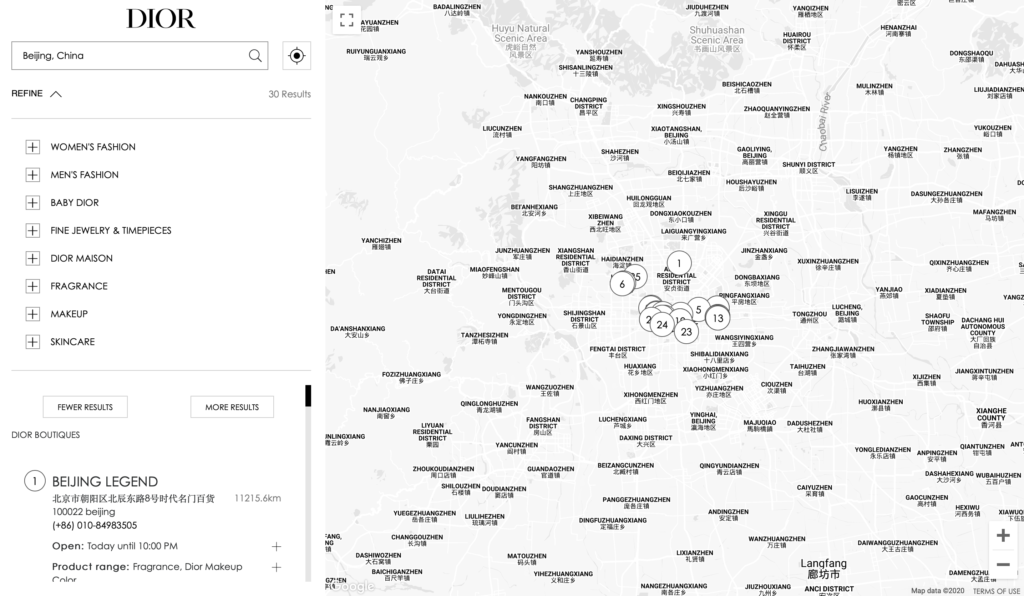 Map of Dior selling in China