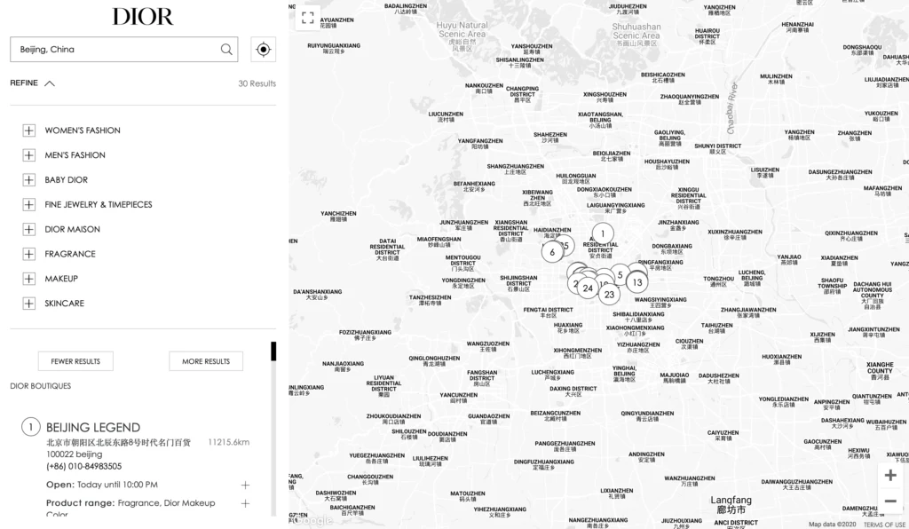 Map of Dior selling in China