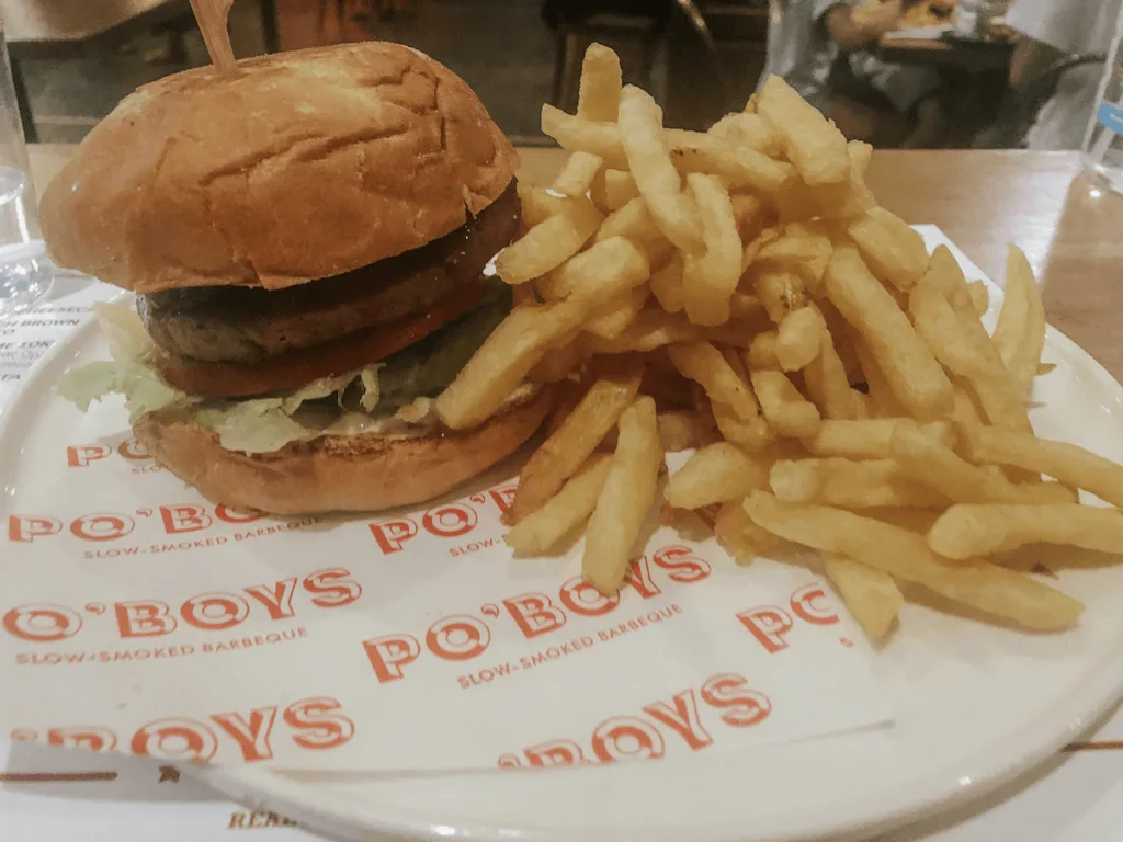 Po' Boys BBQ vegan burger and fries