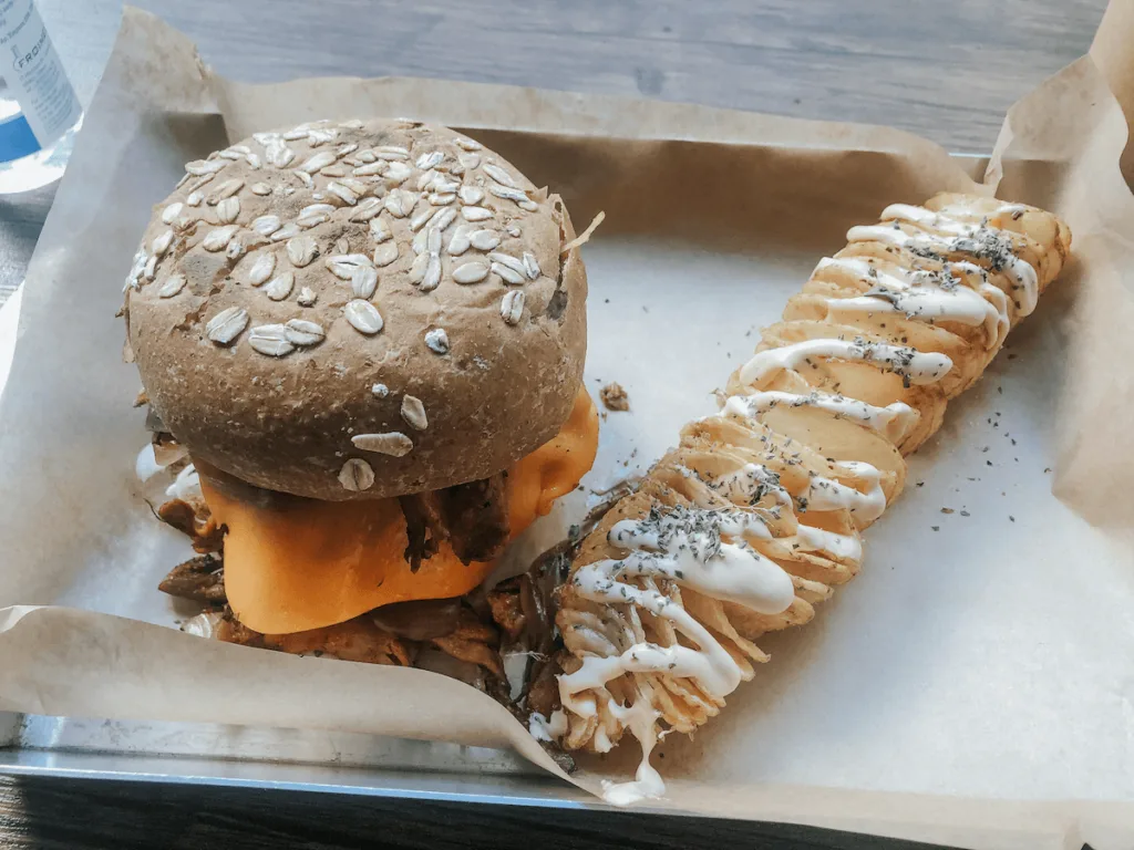 vegan Gyro burger with spiral potato at Vegan Beat