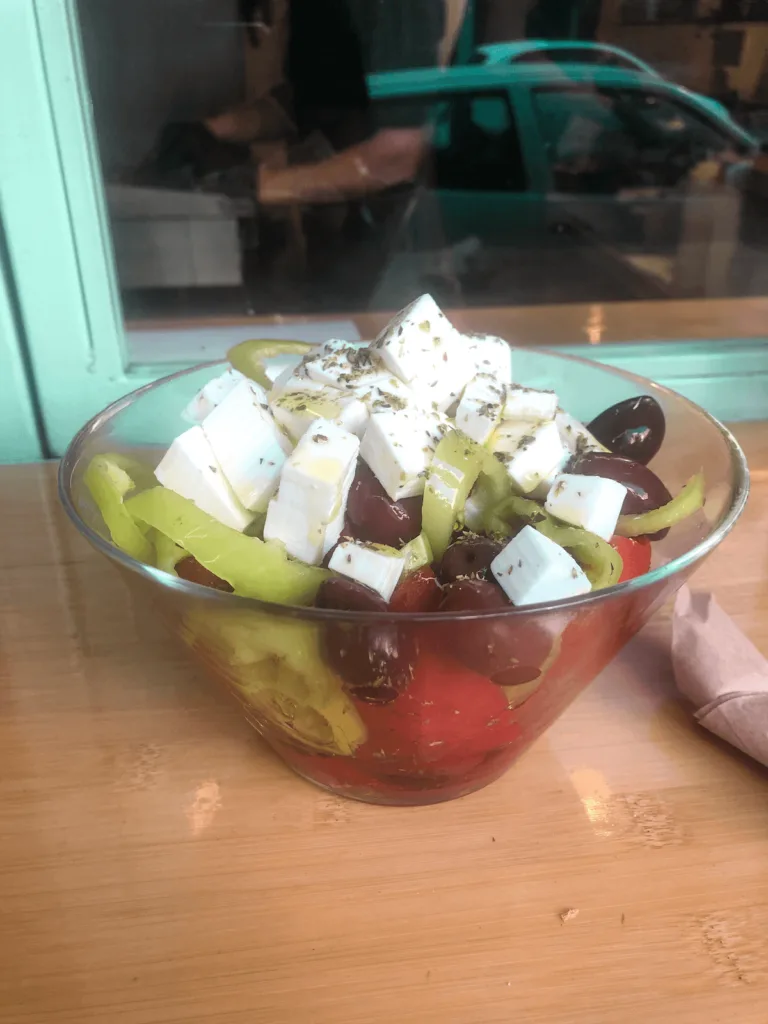 vegan greek salad from Peas vegan restaurant