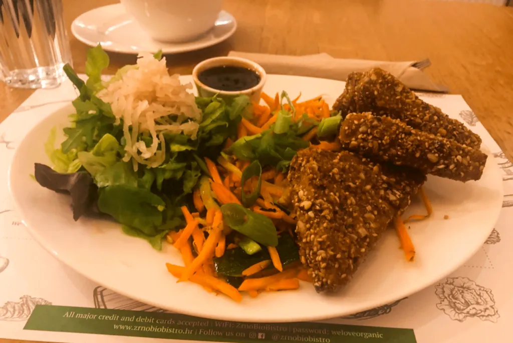 vegan breaded tofu at Zrno Bio Bistro