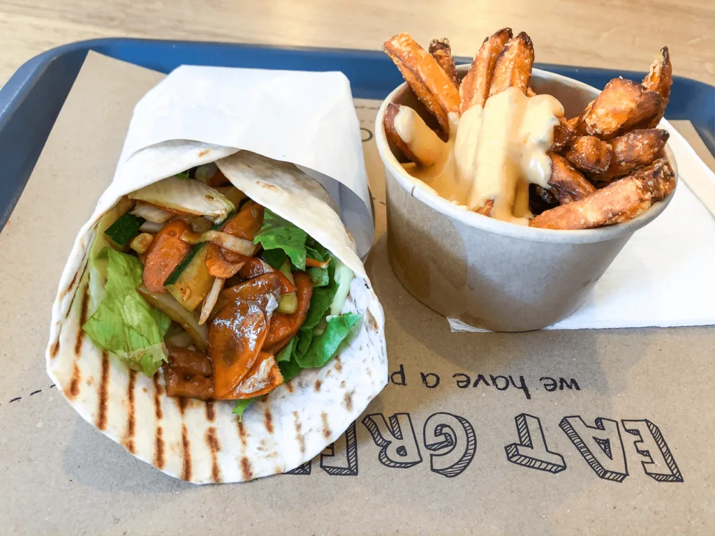 vegan vegetable tortilla with seitain and sweet potato fries at Green Point